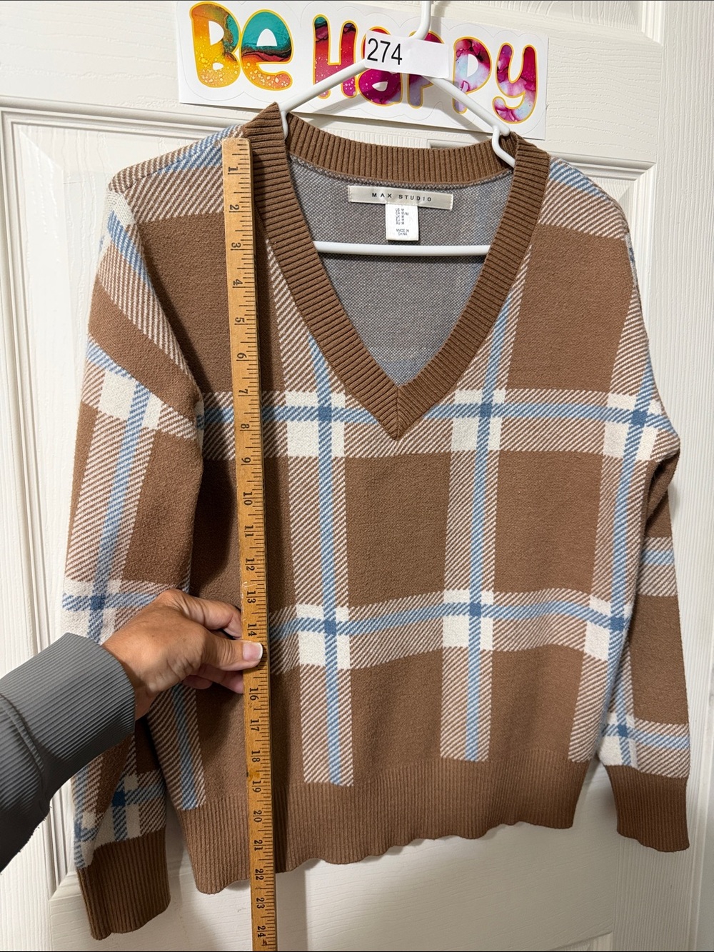 Max Studio Brown Plaid V-Neck Sweater with Cream and Light Blue